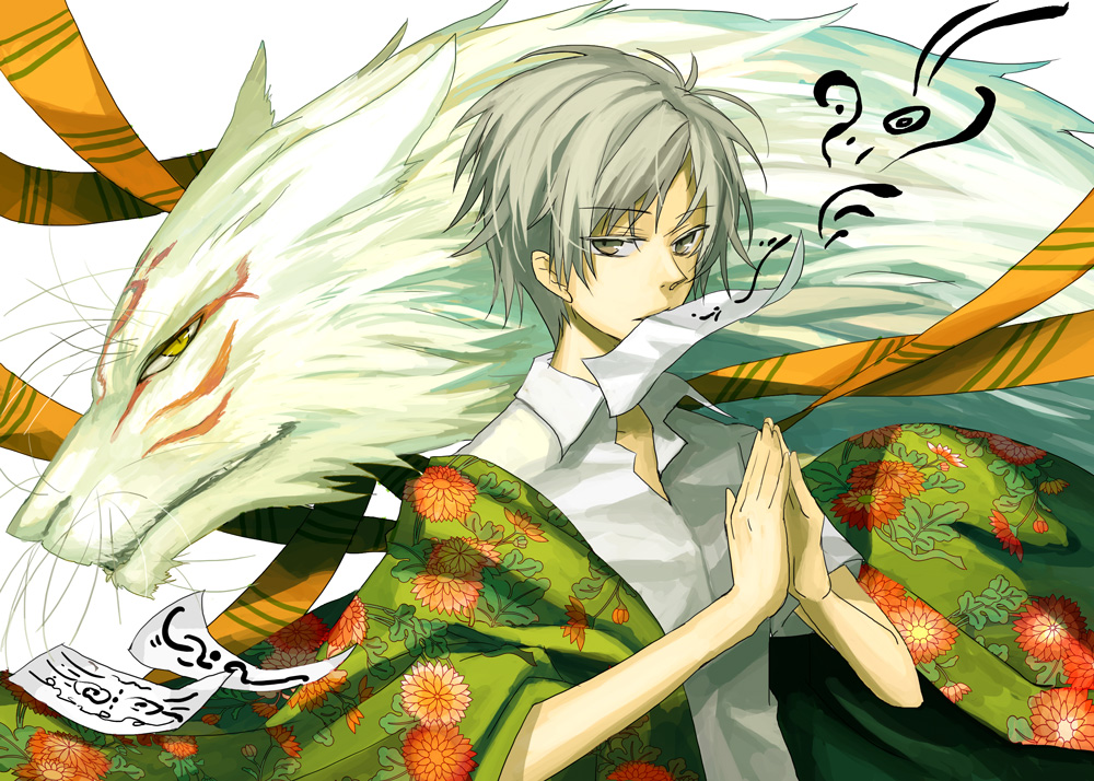 osamu (jagabata), madara (natsume), madara (natsume yuujinchou), natsume takashi, nyanko-sensei, natsume yuujinchou, bad id, bad pixiv id, 00s, 1boy, male focus, mouth hold, ofuda, own hands together, short hair, solo