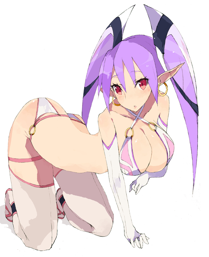 brws, original, all fours, bad anatomy, bikini, blush, breasts, cleavage, earrings, elf, huge breasts, jewelry, pointy ears, purple hair, red eyes, solo, swimsuit, thighhighs