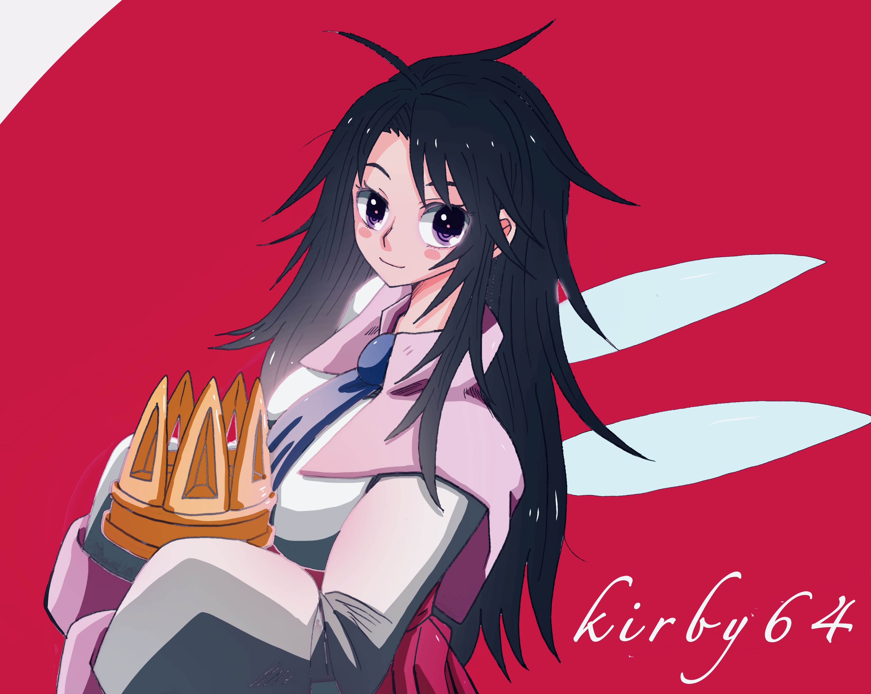 batchgooya, ripple star queen, kirby's dream land, kirby (series), nintendo, absurdres, highres, 1girl, black hair, bow, fairy, fairy wings, hair down, jimiko, long hair, purple eyes, red bow, simple background, skirt, sleeves past fingers, sleeves past wrists, smile, wings