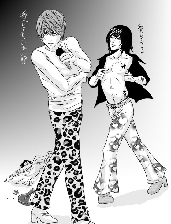 l (death note), mikami teru, yagami light, death note, translation request, 00s, 3boys, animal print, donut, fabulous, food, greyscale, guitar, heart, instrument, male focus, microphone, monochrome, multiple boys, open clothes, open shirt, pointing, shirt, tank top