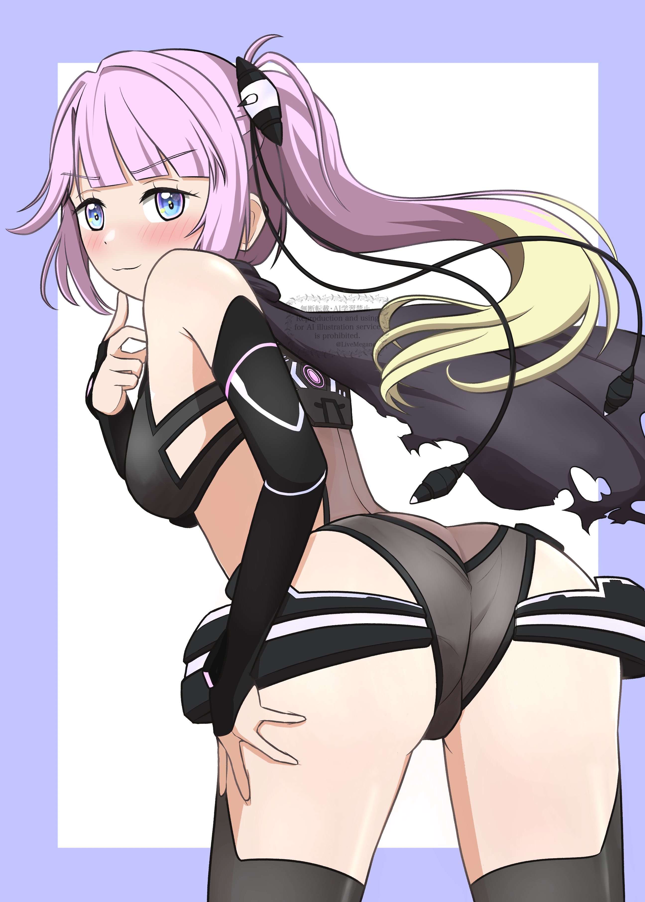 livemegane, anyoji hime, takase rio, link! like! love live!, love live!, ongeki, absurdres, highres, 1girl, ass, blue eyes, blush, breasts, butt crack, closed mouth, cosplay, detached sleeves, hair ornament, long hair, looking at viewer, pink hair, smile, solo, takase rio (cosplay), thighhighs