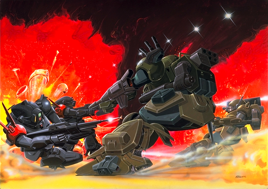 ookawara kunio, blood sucker, scopedog, soukou kihei votoms, official art, battle, explosion, gun, mecha, retro artstyle, robot, weapon
