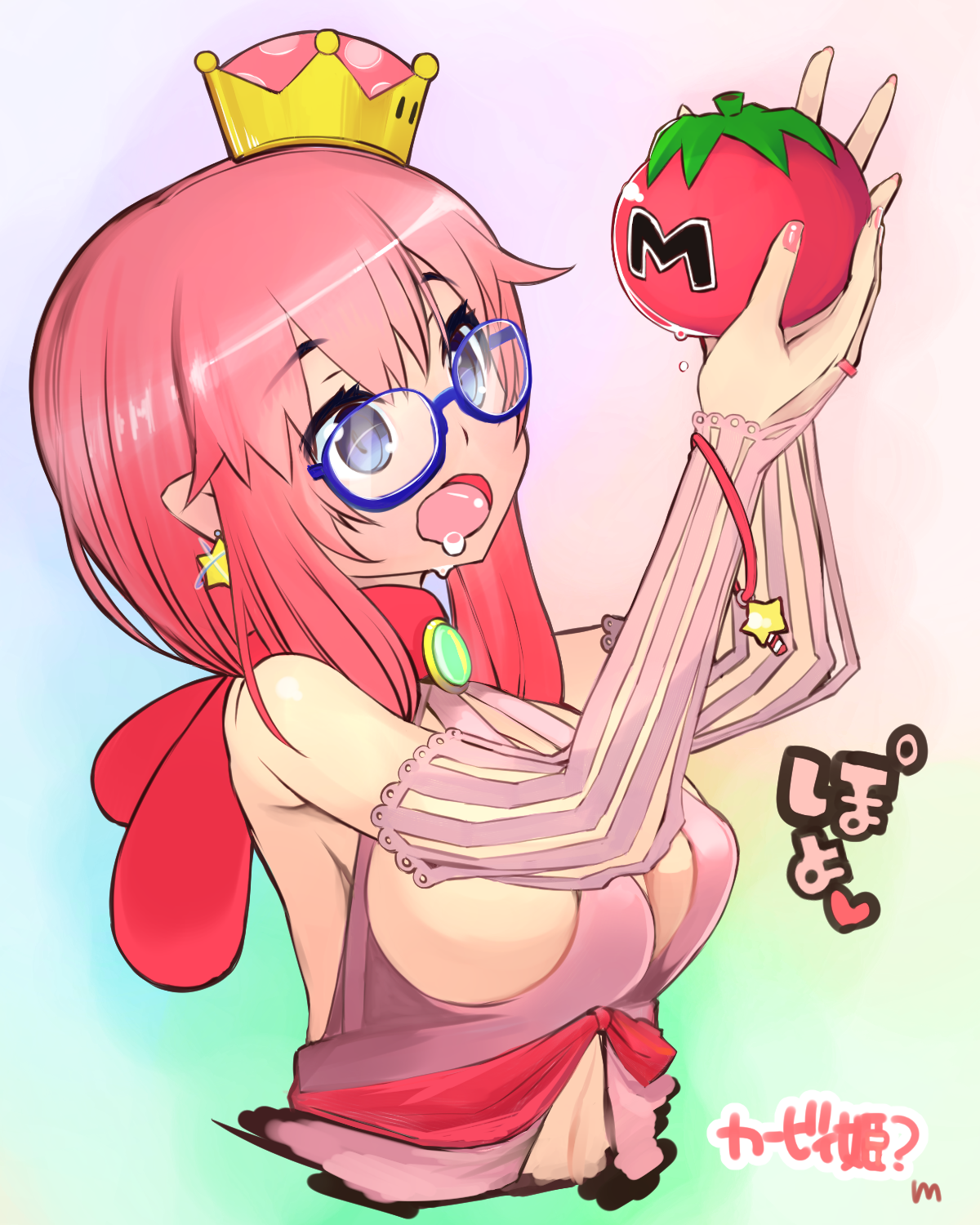 misono denpachi, kirby, kirby (series), mario (series), new super mario bros. u deluxe, nintendo, highres, 1girl, blush stickers, breasts, crown, earrings, food, genderswap, holding, humanization, jewelry, long hair, open mouth, personification, pink hair, simple background, smile, solo, super crown, upper body