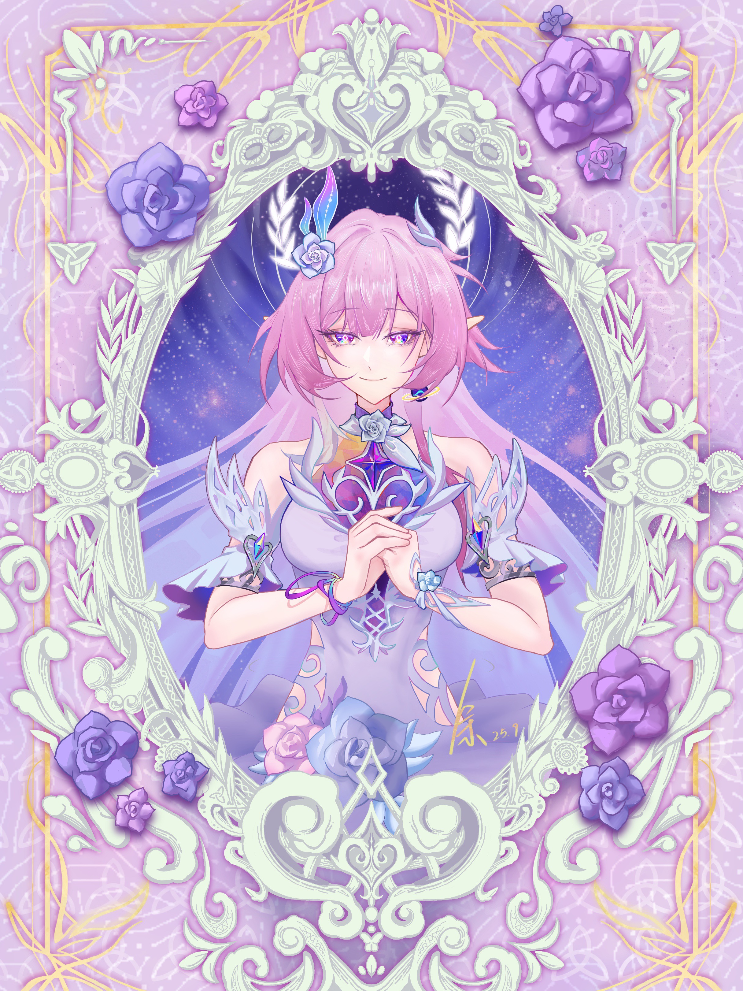 cyrene (honkai: star rail), cyrene (ripples of past reverie) (honkai: star rail), honkai: star rail, honkai (series), absurdres, chinese commentary, commentary request, highres, 1girl, bare shoulders, breasts, detached sleeves, diamond-shaped pupils, diamond (shape), dress, flower, hair flower, hair ornament, halo, large breasts, long hair, mirror, own hands together, pink hair, pointy ears, purple eyes, smile, solo, symbol-shaped pupils, very long hair, wazh, white dress
