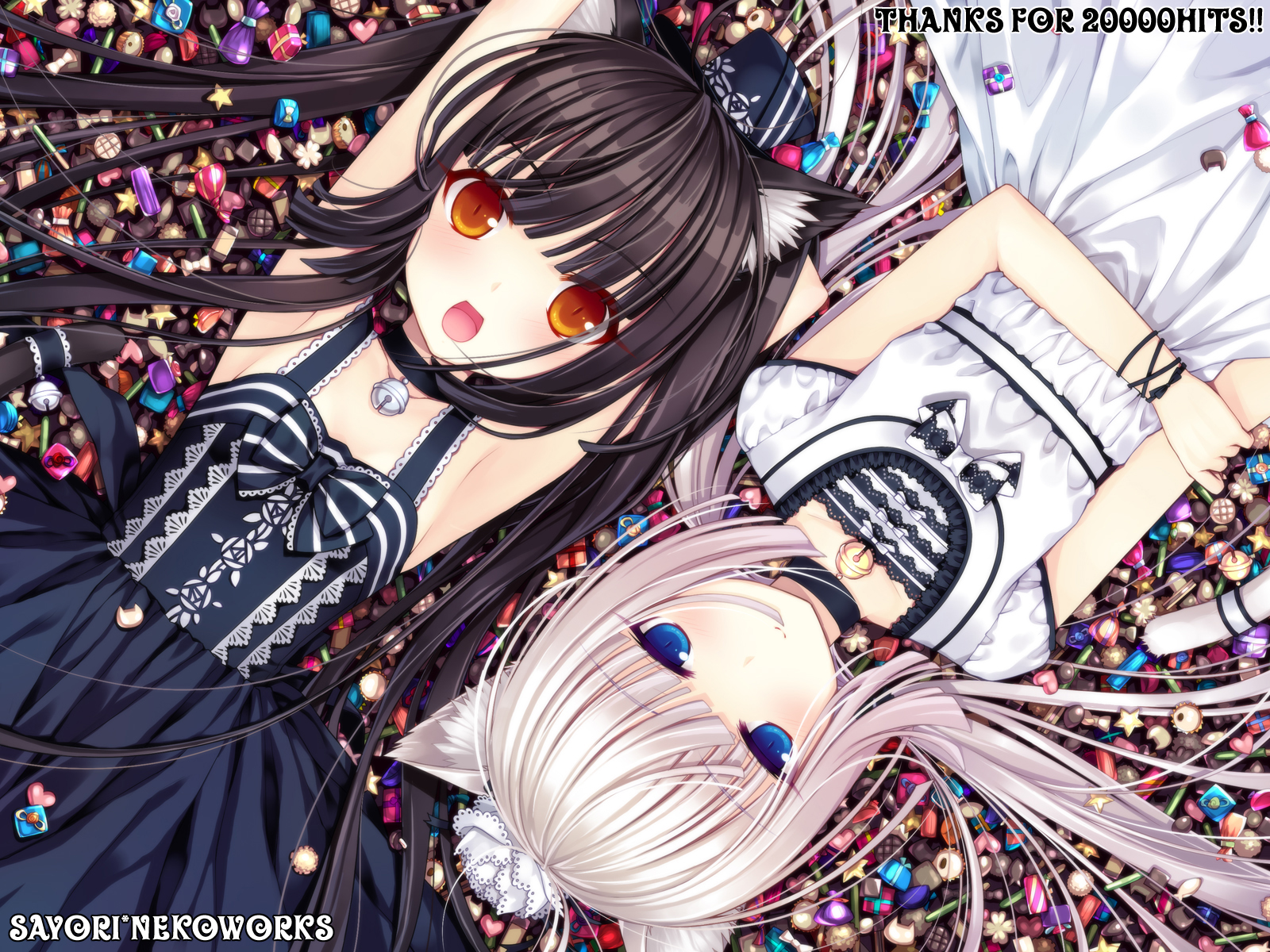 sayori (neko works), chocola (nekopara), vanilla (nekopara), nekopara, original, highres, 10s, 2girls, animal ear fluff, animal ears, armpits, bell, blue eyes, brown eyes, brown hair, candy, cat ears, cat girl, cat tail, choker, collar, food, from above, hat, long hair, looking up, lying, milestone celebration, multiple girls, neck bell, on back, ribbon, siblings, sisters, slit pupils, tail, tail ornament, twins, white hair