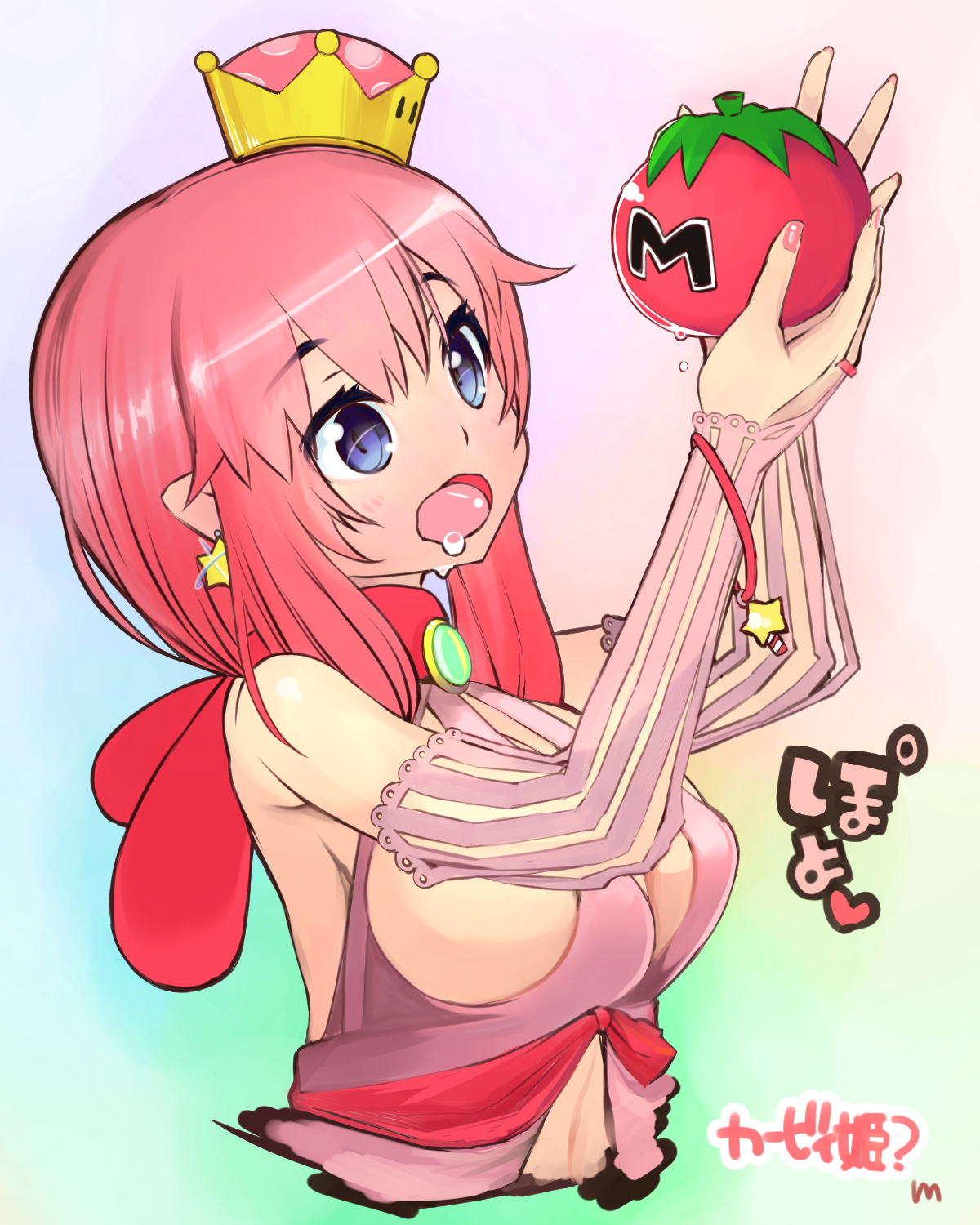 misono denpachi, kirby, kirby (series), mario (series), new super mario bros. u deluxe, nintendo, highres, 1girl, blush stickers, breasts, crown, earrings, food, genderswap, holding, humanization, jewelry, long hair, open mouth, personification, pink hair, simple background, smile, solo, super crown, upper body
