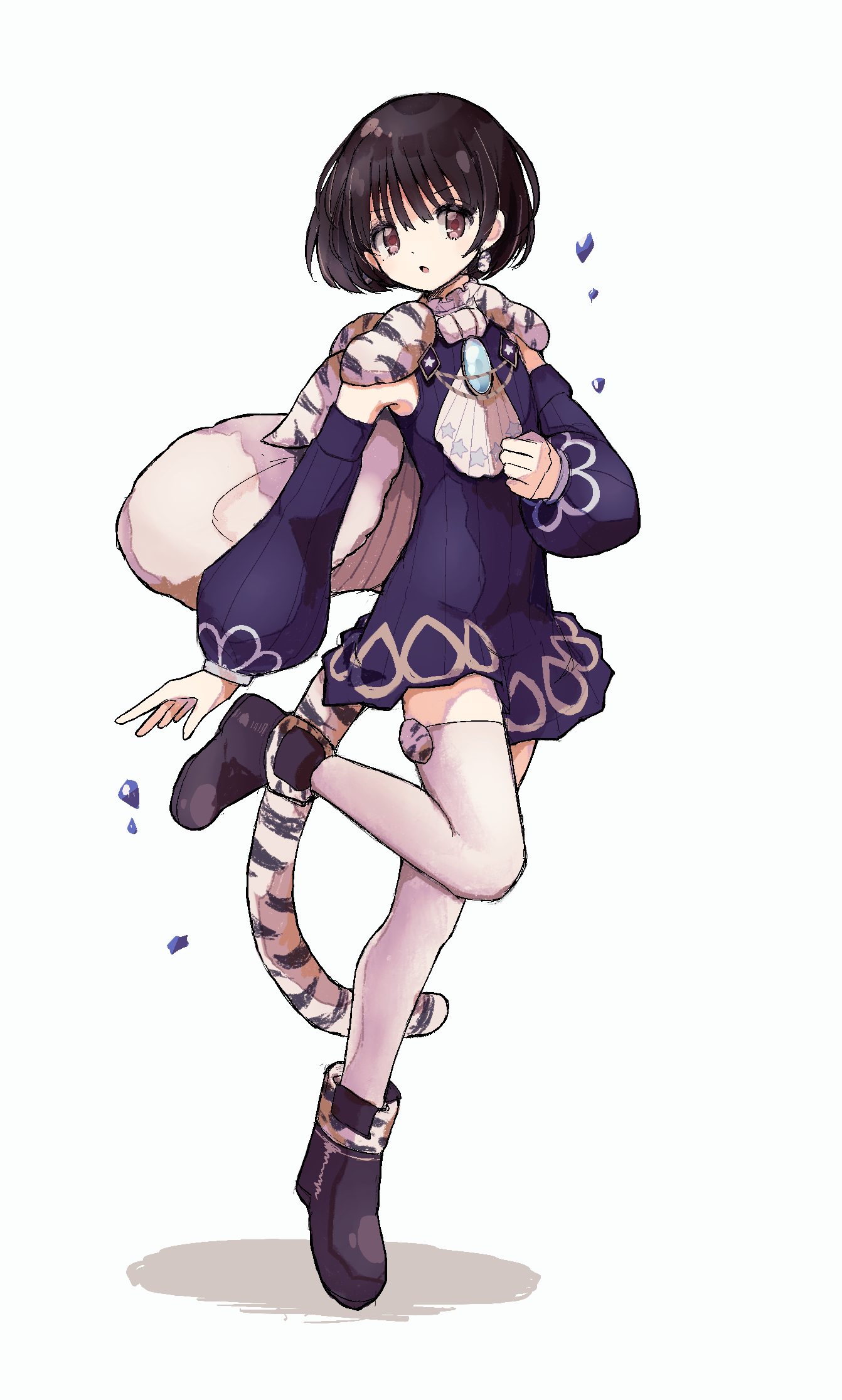 butter run, lapis lazuline, mahou shoujo ikusei keikaku, mahou shoujo ikusei keikaku restart, highres, 1girl, aqua gemstone, black hair, blue gemstone, brown eyes, cape, fur cape, gem, magical girl, open mouth, shoes, short hair, tail, thighhighs, tiger tail, white thighhighs