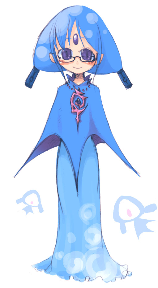 masha, oreana, meteos, blue hair, blush, glasses, personification, purple eyes, solo