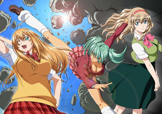 ryofu housen, sonken chuubou, sonsaku hakufu, ikkitousen, ikkitousen great guardians, plaid, 00s, 3girls, antenna hair, blonde hair, blue eyes, bow, breasts, brown hair, cleavage, green eyes, green hair, hairband, kicking, loose socks, multiple girls, one eye closed, open mouth, orange hair, red skirt, school uniform, serafuku, skirt, smile, socks, sweater, twintails, wink