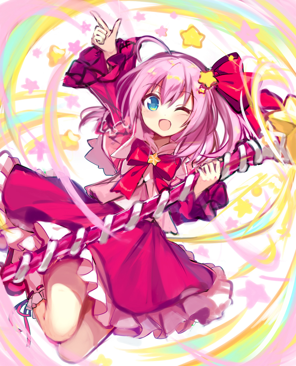 fuepo, kirby, kirby (series), nintendo, highres, 1girl, blush stickers, bow, dress, genderswap, holding, humanization, long hair, long sleeves, magical girl, one eye closed, open mouth, personification, pink hair, simple background, smile, solo, weapon
