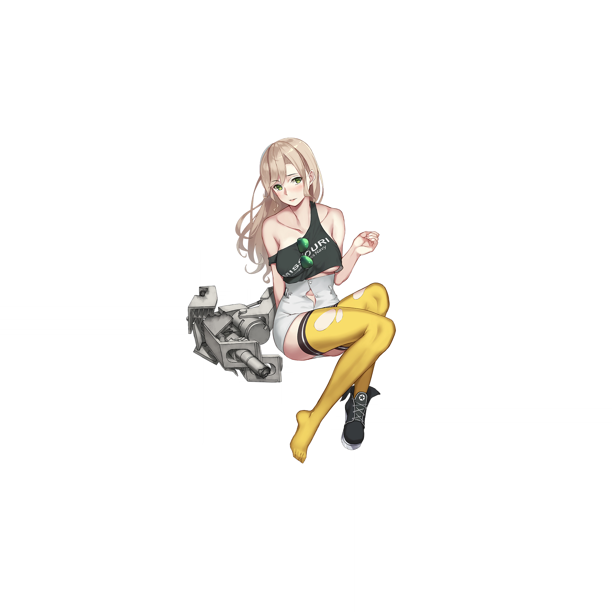 zi se, missouri (warship girls r), warship girls r, highres, official art, 1girl, ahoge, black shoes, black tank top, blonde hair, blush, breasts, collarbone, full body, green eyes, large breasts, long hair, looking at viewer, miniskirt, navel, off shoulder, official alternate costume, open clothes, open mouth, open skirt, rigging, shoes, skirt, solo, sunglasses, tank top, thighhighs, torn clothes, torn thighhighs, transparent background, underboob, unworn eyewear, yellow thighhighs