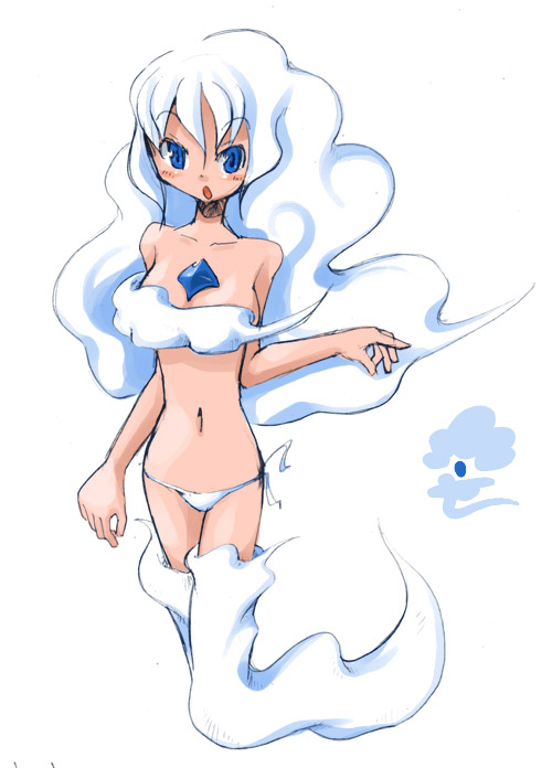 masha, hyuujii, meteos, bikini, blue eyes, cloud, personification, side-tie bikini bottom, solo, swimsuit, white bikini, white hair