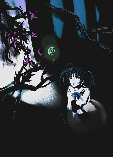 boshinote, takamachi nanoha, lyrical nanoha, mahou shoujo lyrical nanoha, 00s, 1girl, :o, ahoge, black hair, blue bow, blue bowtie, bow, bowtie, chain, female focus, from above, long sleeves, looking at viewer, looking up, open mouth, sailor collar, school uniform, serafuku, short hair, sitting, solo, twintails