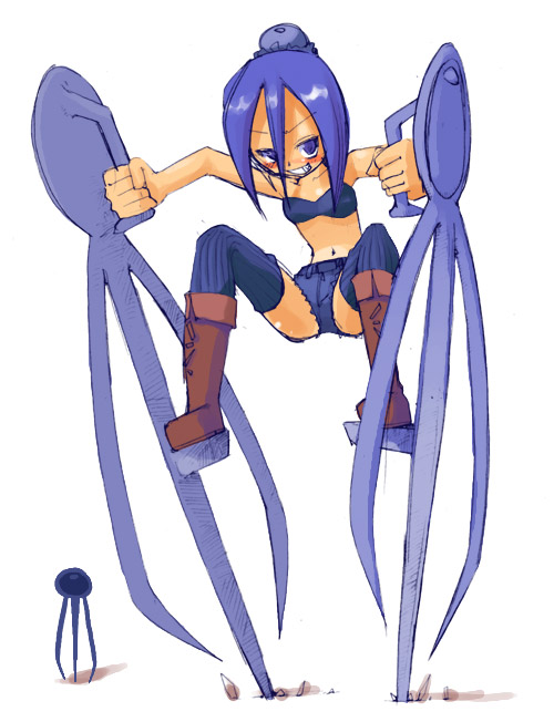 masha, gigant gash, meteos, tagme, blue eyes, blue hair, personification, solo, thighhighs
