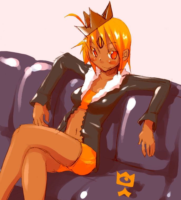 masha, heatheads, meteos, 1girl, crossed legs, crown, dark-skinned female, dark skin, female focus, orange eyes, orange hair, personification, sitting, solo