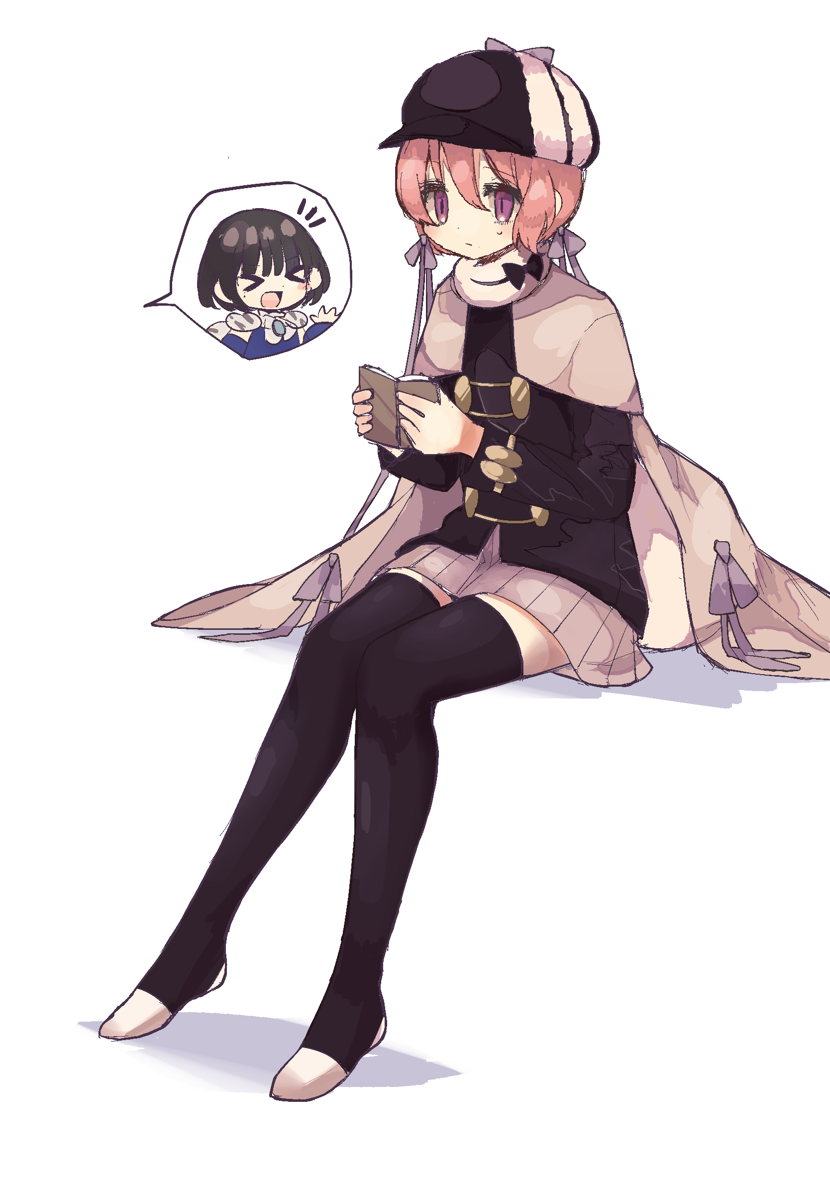 butter run, detec bell, lapis lazuline, mahou shoujo ikusei keikaku, mahou shoujo ikusei keikaku restart, highres, > <, black bow, black bowtie, black hair, black thighhighs, book, bow, bowtie, cape, capelet, closed eyes, detective, hat, holding, holding book, magical girl, pink hair, purple eyes, reading, shoes, short hair, smile, thighhighs