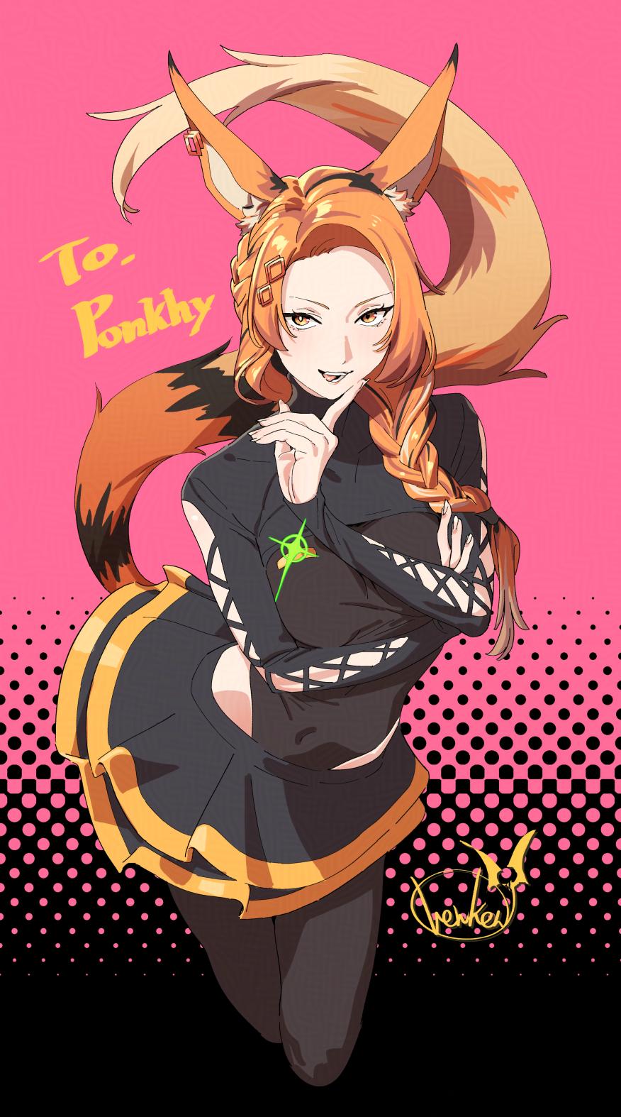 henken, original, highres, 1girl, animal ears, artist name, black skirt, black thighhighs, braid, fox ears, fox girl, fox tail, hair ornament, jewelry, laughing, leotard, long hair, long sleeves, looking at viewer, naughty face, orange hair, pink background, skirt, solo, tail, thighhighs, tight clothes, yellow eyes