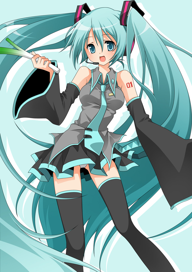 reina (black spider), hatsune miku, vocaloid, aqua eyes, aqua hair, long hair, solo, spring onion, thighhighs, twintails, very long hair, vodaloid