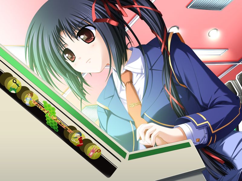 tsukimori hiro, nanjou ibuki, akiiro renka, game cg, non-web source, 1girl, black hair, bow, brown eyes, closed mouth, long hair, playing games, red bow, ribbon, school uniform, serious, side ponytail, sitting