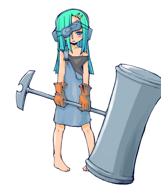 masha, caveos, meteos, barefoot, blue eyes, gloves, green hair, hammer, personification, solo