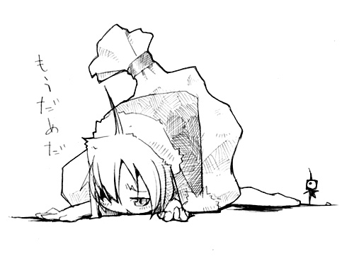 masha, merikuri grabitoru, meteos, lowres, ahoge, greyscale, monochrome, personification, solo