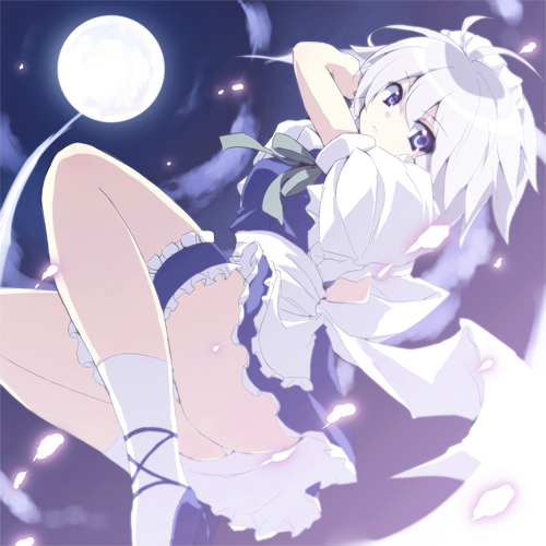 tooya, touya (the-moon), izayoi sakuya, touhou, silver hair, lowres, 1girl, ass, blue eyes, cloud, female focus, full moon, gradient background, maid, moon, night, night sky, outdoors, panties, petals, ribbon, sky, solo, underwear