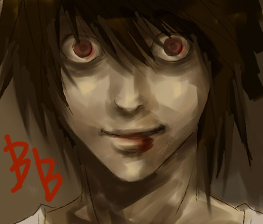 beyond birthday, l (death note), death note, death note: another note, 00s, 1boy, black hair, blood, creepy, dark persona, horror (theme), male focus, portrait, realistic, red eyes, sepia, smile, solo, staring, you gonna get raped