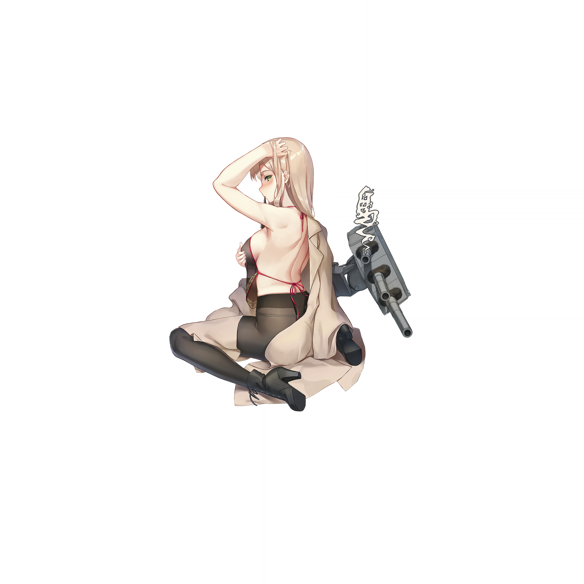 zi se, missouri (warship girls r), warship girls r, highres, official art, 1girl, arm up, ass, backless outfit, bare back, black boots, black pantyhose, black shoes, blonde hair, blush, boots, breasts, from side, full body, green eyes, grey hair, hand in own hair, high heel boots, high heels, kneeling, large breasts, long hair, looking at viewer, mouth hold, off shoulder, official alternate costume, panties, panties under pantyhose, pantyhose, profile, rigging, ship turret, shoes, shoulder blades, sideboob, sitting, solo, string panties, thighband pantyhose, torn clothes, torn pantyhose, transparent background, underwear, wariza