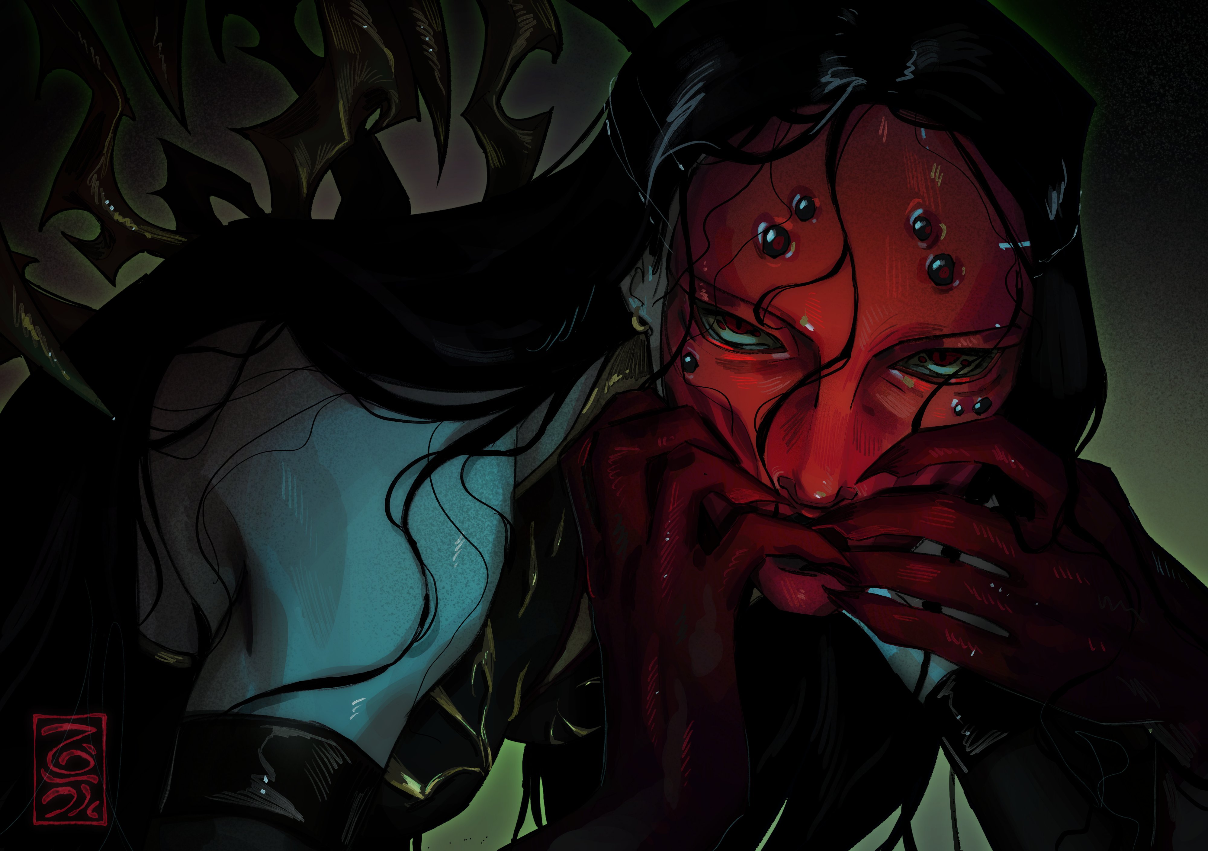 selachlmorpha, elise (league of legends), masque of the black rose elise, league of legends, absurdres, highres, 1girl, arthropod girl, arthropod limbs, artist logo, black hair, black lips, colored extremities, covering own mouth, extra eyes, extra pupils, hands up, horror (theme), insect girl, logo, monster, monster girl, red eyes, red hands, simple background, solo, spider girl, upper body