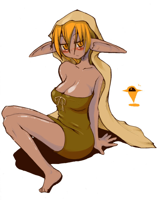 masha, anasazi, meteos, 1girl, barefoot, blush, breasts, dark-skinned female, dark skin, female focus, large breasts, orange eyes, orange hair, personification, pointy ears, solo