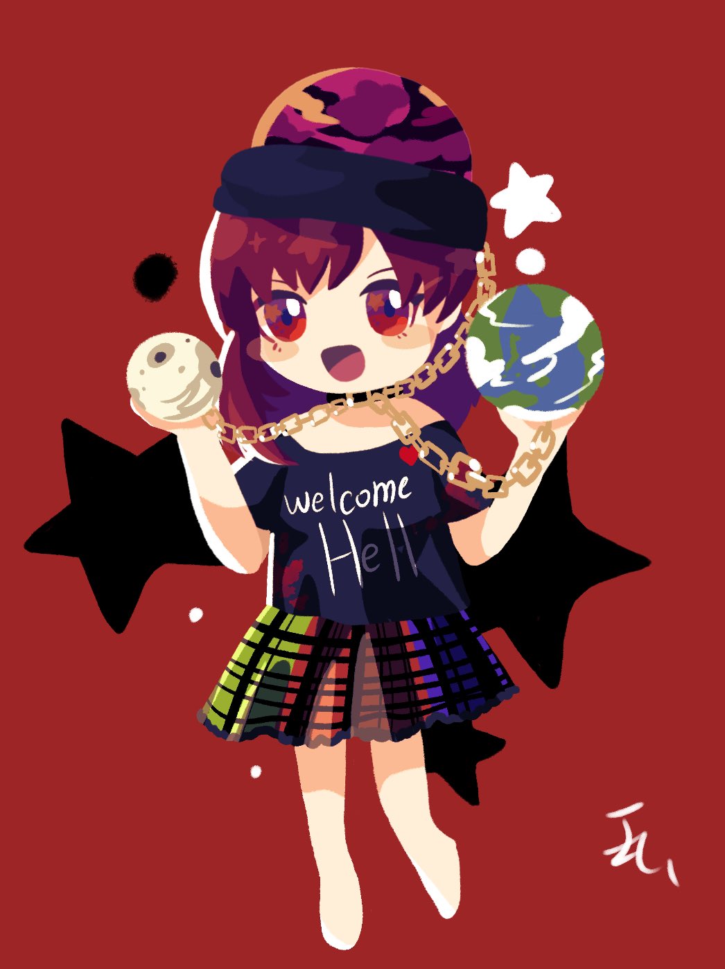 mitsusame, hecatia lapislazuli, touhou, commentary request, highres, 1girl, black choker, black shirt, chain, chibi, choker, clothes writing, earth (planet), gold chain, holding orb, medium hair, multicolored skirt, open mouth, orb, plaid clothes, plaid skirt, planet, red background, red eyes, red hair, shirt, signature, simple background, skirt, smile, solo, star (symbol)