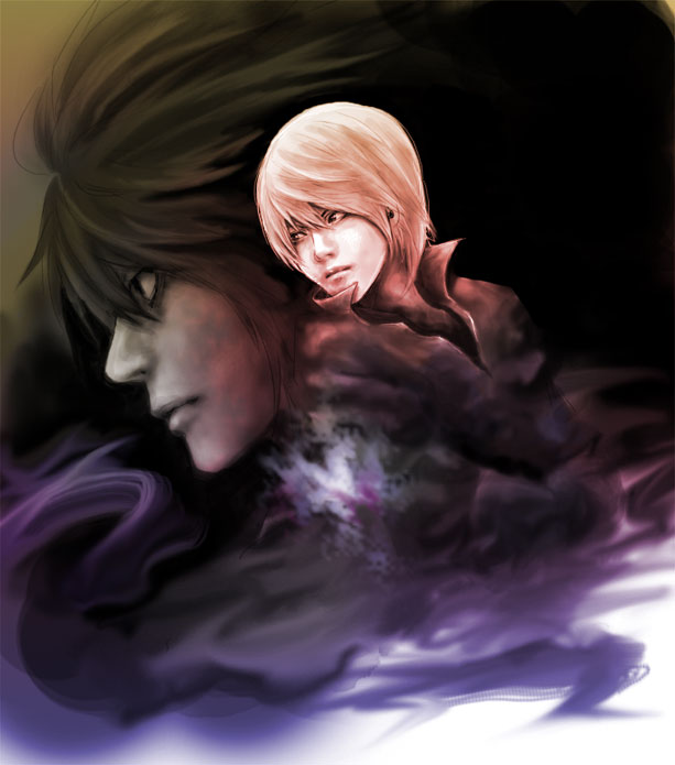l (death note), yagami light, death note, 00s, 2boys, black hair, brown hair, male focus, multiple boys