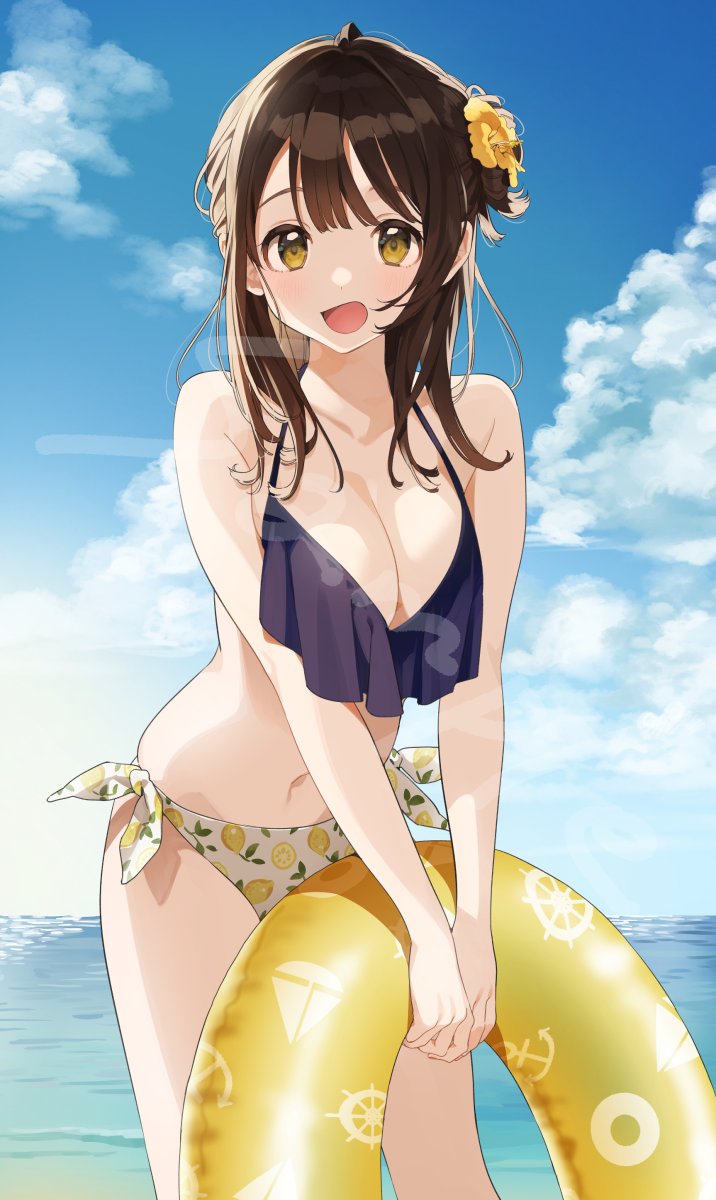 booota, ogiwara sayu, hige wo soru. soshite joshikousei wo hirou., commentary request, highres, official art, 1girl, bikini, blue sky, breasts, brown eyes, brown hair, cleavage, cowboy shot, flower, hair flower, hair ornament, holding, holding swim ring, horizon, innertube, large breasts, long hair, looking at viewer, navel, ocean, open mouth, purple bikini, sky, solo, swim ring, swimsuit, yellow flower, yellow innertube