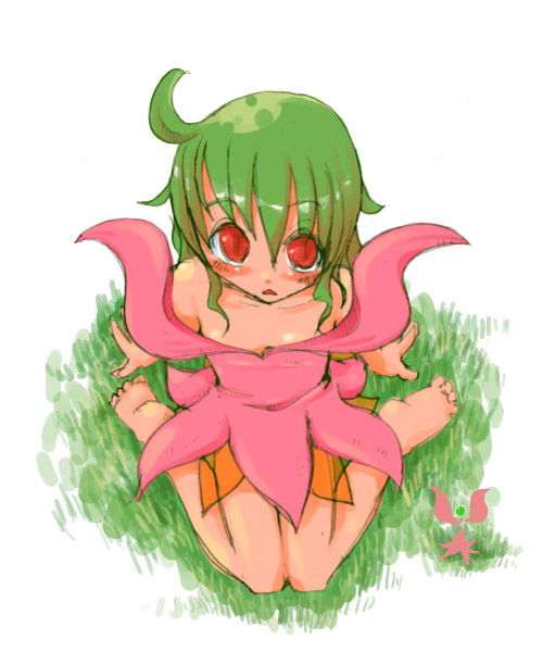 masha, frolias, meteos, barefoot, green hair, personification, red eyes