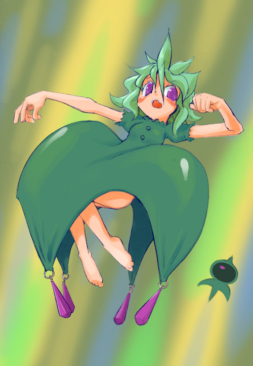 masha, megadome, meteos, barefoot, feet, green eyes, hair between eyes, personification, purple eyes, solo, spiked hair