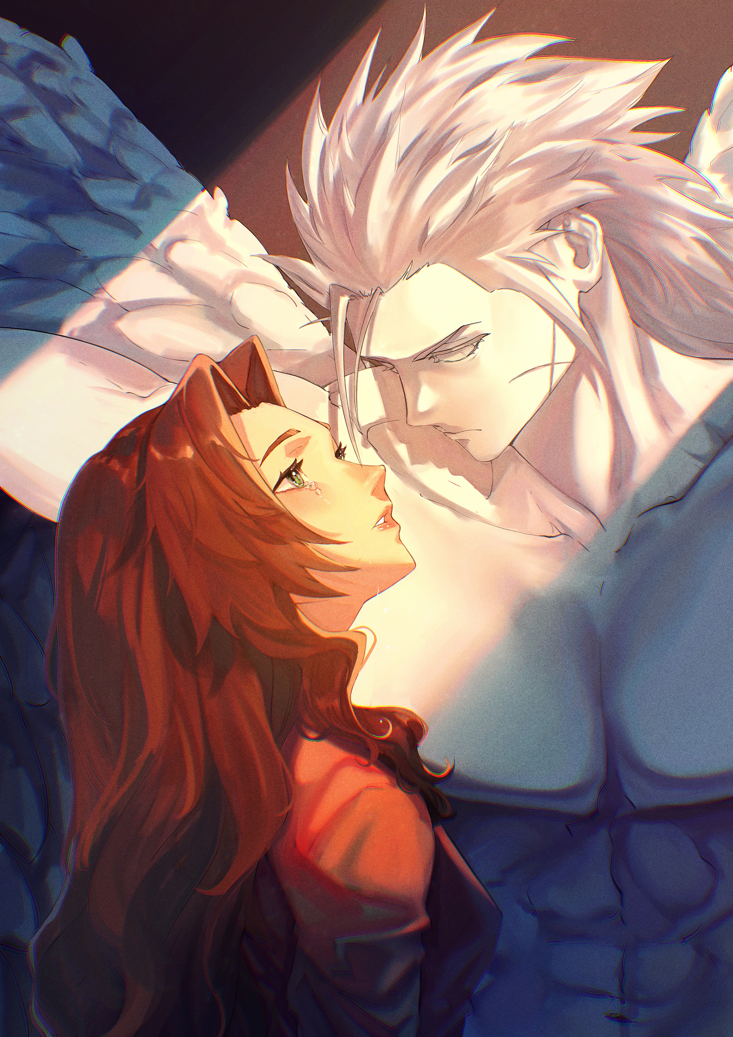 origussy, aerith gainsborough, zack fair, final fantasy, final fantasy vii, final fantasy vii remake, absurdres, highres, 1boy, 1girl, abs, angel wings, brown hair, crying, crying with eyes open, feathered wings, green eyes, hetero, jacket, long hair, looking at object, medium hair, parted lips, pink lips, red jacket, scar, scar on face, spiked hair, statue, tears, teeth, upper body, wings