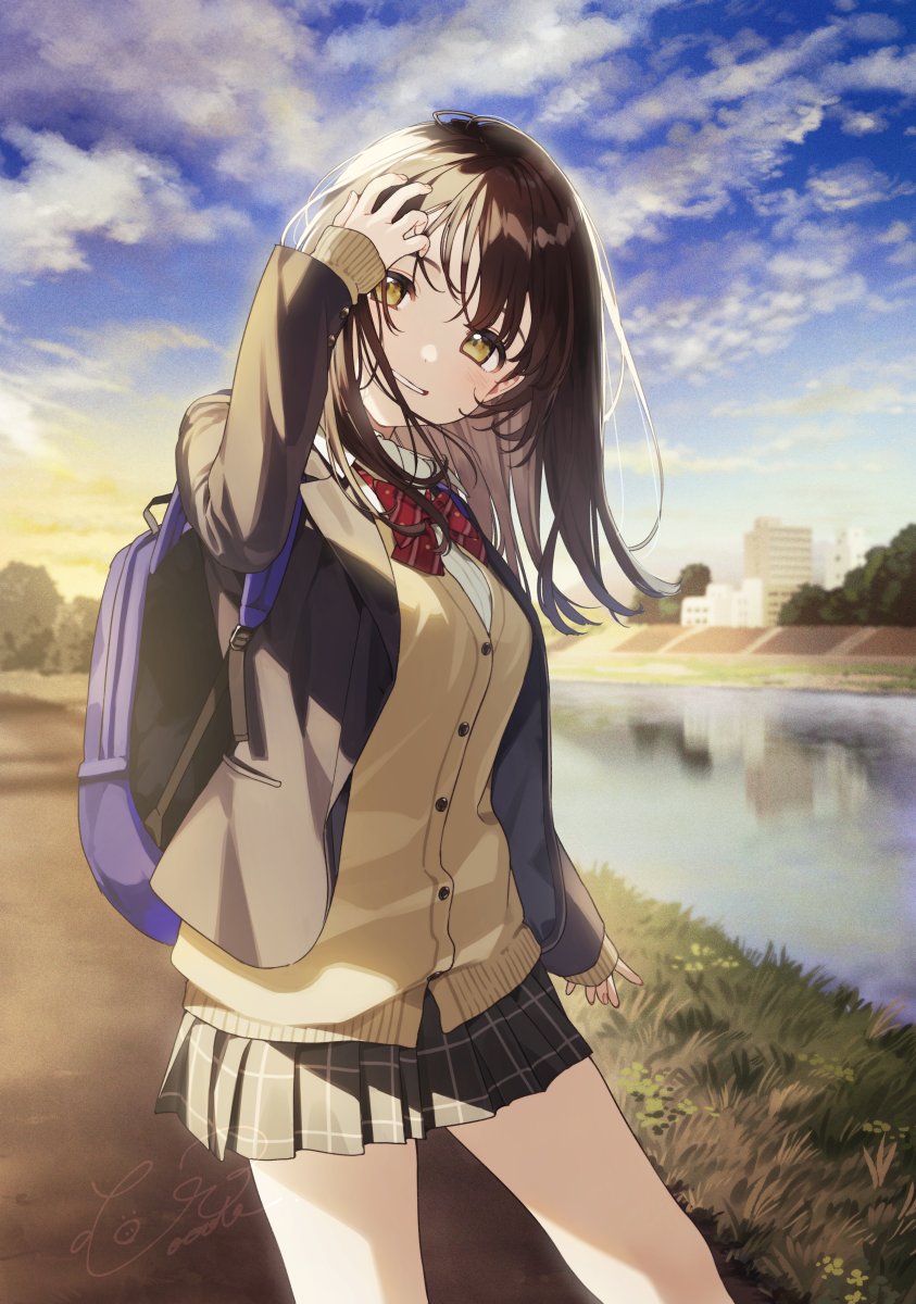 booota, ogiwara sayu, hige wo soru. soshite joshikousei wo hirou., commentary request, highres, official art, 1girl, adjusting hair, backpack, bag, black jacket, black skirt, blazer, blue sky, bow, bowtie, brown cardigan, brown eyes, brown hair, cardigan, cowboy shot, day, grin, jacket, long hair, long sleeves, looking at viewer, open clothes, open jacket, outdoors, pleated skirt, purple bag, red bow, red bowtie, riverbank, school uniform, skirt, sky, smile, solo