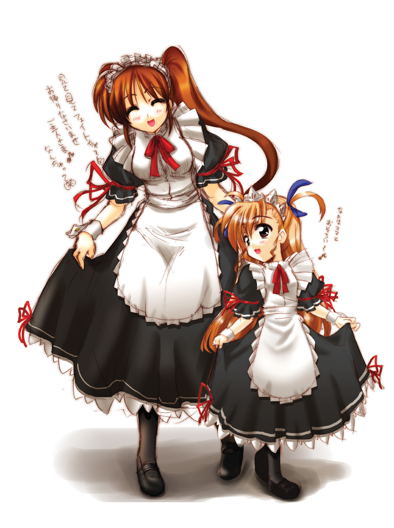 iga tamaki, takamachi nanoha, vivio, lyrical nanoha, mahou shoujo lyrical nanoha, mahou shoujo lyrical nanoha strikers, translated, 00s, alternate costume, blonde hair, brown hair, enmaided, long hair, maid, pantyhose, side ponytail, wrist cuffs