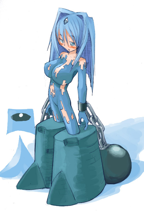 masha, freezam, meteos, 1girl, ball & chain, blue eyes, blue hair, blush, boots, breasts, chain, female focus, large breasts, matching hair/eyes, personification, solo