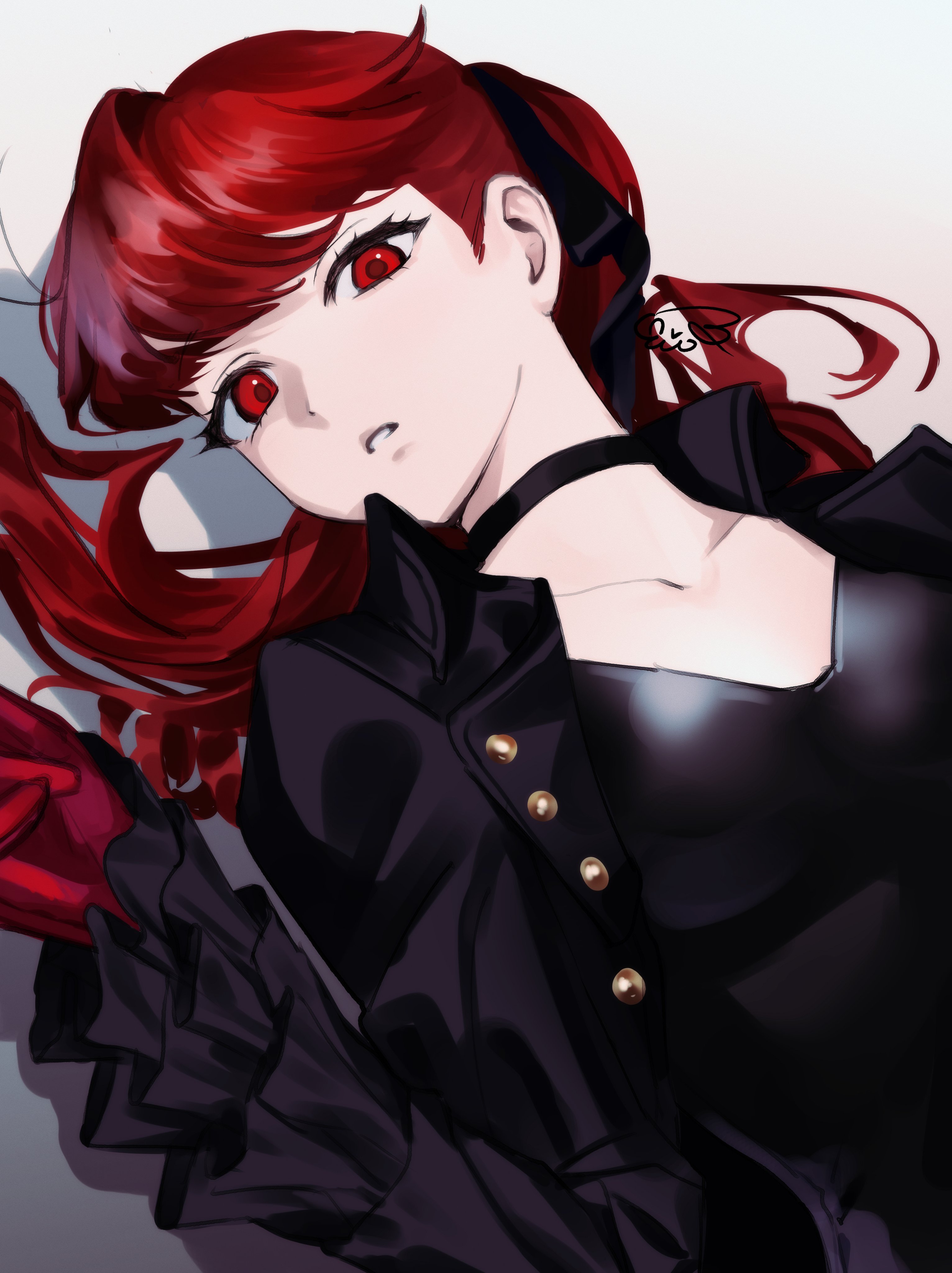 cluster o0o, violet (persona 5), yoshizawa kasumi, persona, persona 5, persona 5 the royal, absurdres, commentary request, highres, 1girl, black choker, black jacket, black leotard, black ribbon, breasts, choker, collarbone, frilled sleeves, frills, from above, from side, gloves, hair ribbon, hand up, jacket, leotard, long hair, looking at viewer, lying, open clothes, open jacket, parted lips, ponytail, red eyes, red gloves, red hair, ribbon, shadow, signature, simple background, small breasts, solo, swept bangs, turning head, white background