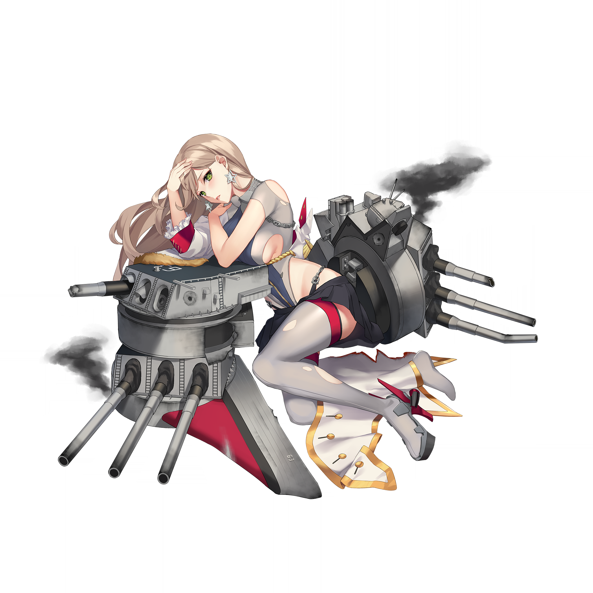 zi se, missouri (warship girls r), warship girls r, highres, official art, 1girl, black skirt, blonde hair, breasts, earrings, full body, green eyes, grey leotard, grey thighhighs, jacket, jacket partially removed, jewelry, large breasts, leotard, long hair, looking at viewer, lying, official alternate costume, on side, open mouth, rigging, skirt, smoke, solo, star (symbol), star earrings, thighhighs, tomahawk missile, torn clothes, torn leotard, torn thighhighs, transparent background, underboob, white jacket