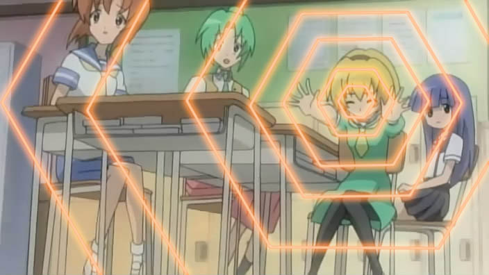 furude rika, houjou satoko, ryuuguu rena, sonozaki mion, higurashi no naku koro ni, neon genesis evangelion, black legwear, white legwear, anime screenshot, third-party edit, 4girls, :o, age difference, at field, black skirt, blonde hair, blue hair, blue skirt, blunt bangs, bobby socks, breasts, brown hair, chair, classroom, closed eyes, closed mouth, desk, dress, expressionless, flat chest, green dress, green hair, hairband, high ponytail, indoors, knees together feet apart, long hair, looking at viewer, looking back, miniskirt, multiple girls, necktie, outstretched arms, pantyhose, paper, parody, parted bangs, parted lips, pleated skirt, ponytail, raised eyebrows, red skirt, sailor dress, school, school desk, school uniform, serafuku, shirt, short hair, sitting, skirt, sleeve cuffs, small breasts, socks, surprised, suspender skirt, suspenders, vest, white shirt