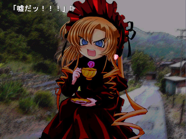 ryuuguu rena, shinku, higurashi no naku koro ni, rozen maiden, 1girl, blue eyes, bonnet, bow, cosplay, cup, dress, drill hair, female focus, flower, lolita fashion, mountain, open mouth, orange hair, parody, photo background, plate, road, rose, shinku (cosplay), solo, street, teacup, uso da, utility pole