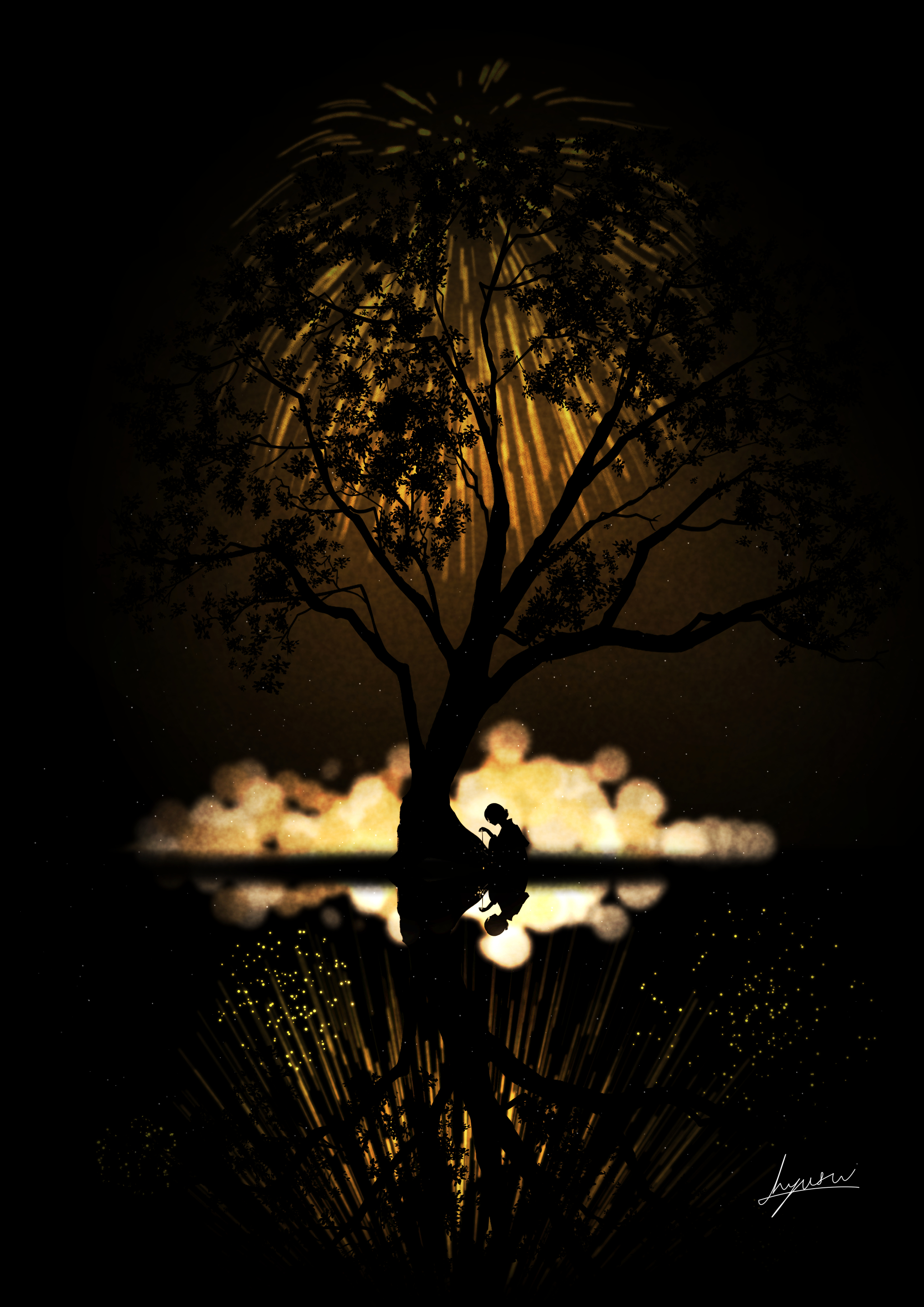 h yuusui, original, absurdres, commentary request, highres, 1girl, aerial fireworks, fireworks, holding, holding fireworks, monochrome, night, orange theme, outdoors, reflection, scenery, senkou hanabi, signature, silhouette, solo, sparkler, summer festival, tree, wide shot