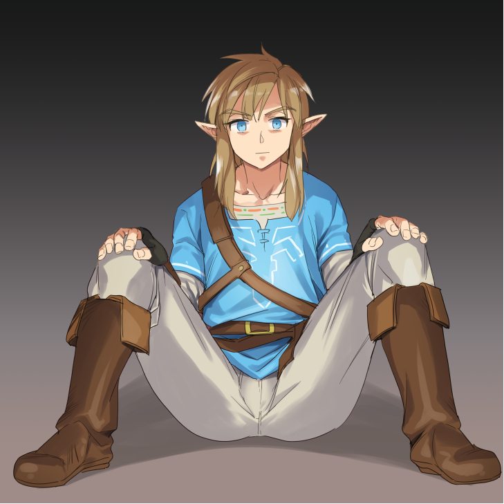 monbetsu kuniharu, link, nintendo, the legend of zelda, the legend of zelda: breath of the wild, commentary request, 1boy, belt, black gloves, blonde hair, blue eyes, blue tunic, boots, brown background, brown belt, brown boots, brown pants, champion's tunic (zelda), closed mouth, collarbone, fingerless gloves, fold-over boots, full body, gloves, gradient hair, hands on own knees, looking at viewer, male focus, multicolored hair, pants, pointy ears, sidelocks, sitting, solo, tunic