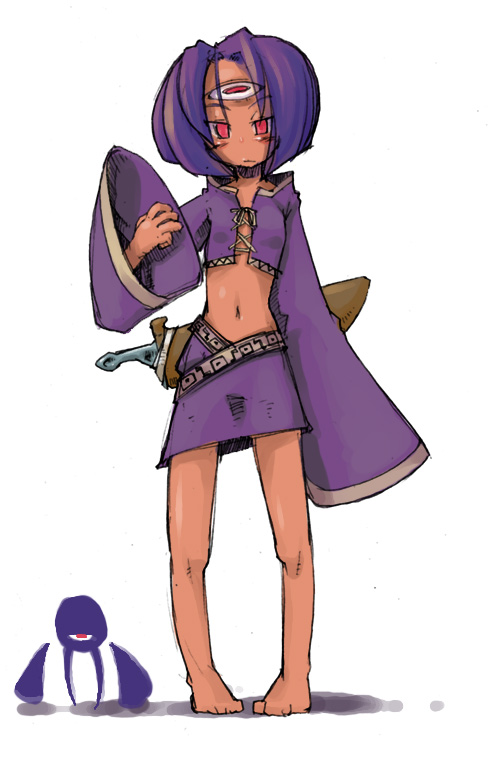 masha, dije, meteos, barefoot, midriff, personification, purple hair, red eyes, skirt, solo, third eye