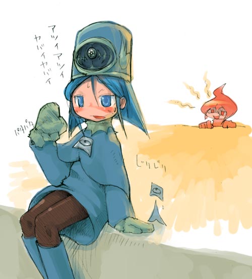 masha, freezam, meteos, translation request, blue eyes, blue hair, pantyhose, personification, sweat