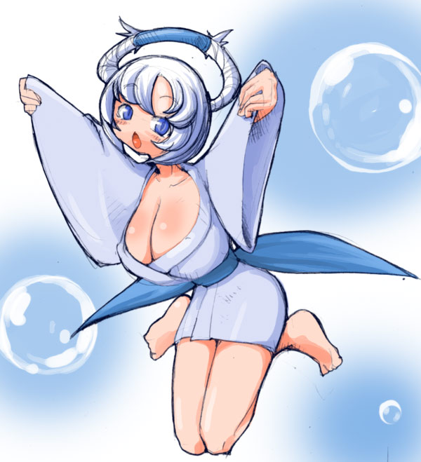 masha, sabon, meteos, 1girl, barefoot, blue eyes, breasts, female focus, huge breasts, personification, sketch, solo, white hair