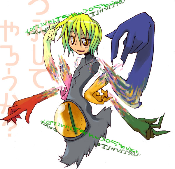 masha, meteos (character), meteos, tagme, green hair, personification, solo, yellow eyes