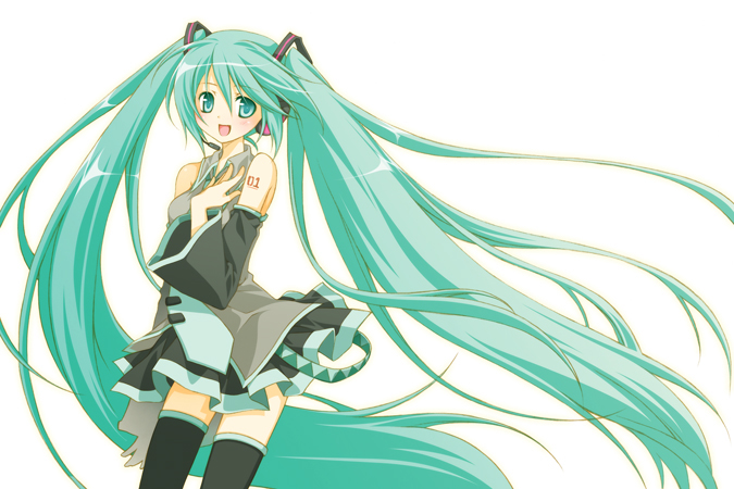 reina (black spider), hatsune miku, vocaloid, aqua eyes, aqua hair, long hair, solo, thighhighs, twintails